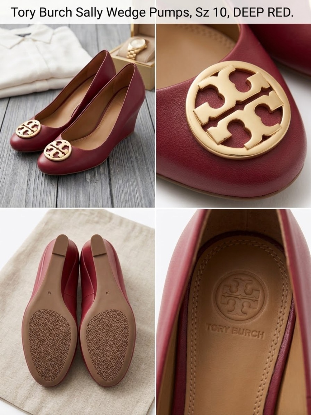 ✨ Tory Burch "Sally" Deep Red Leather Wedge Pumps w/ Gold Logo Medallion 10 ✨